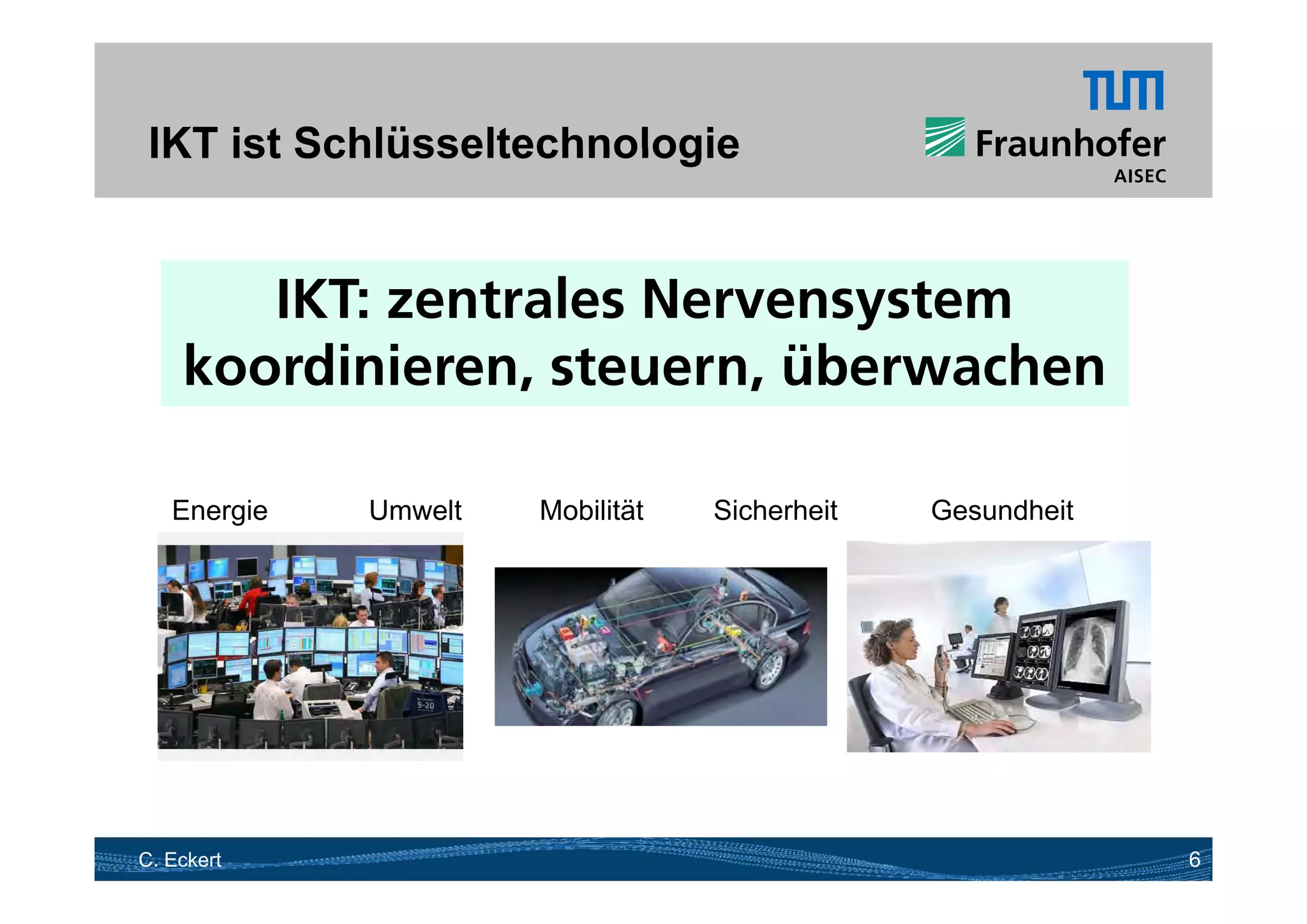 IKT ist Schlüsseltechnologie


       IKT: zentrales Nervensystem
    koordinieren, steuern
    koordinieren steuern, überwachen

   Energie   Umwelt   Mobilität   Sicherheit   Gesundheit




C. Eckert                                                   6
 