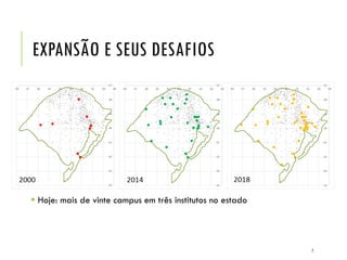 EXPANSÃO E SEUS DESAFIOS
 Hoje: mais de vinte campus em três institutos no estado
7
 
