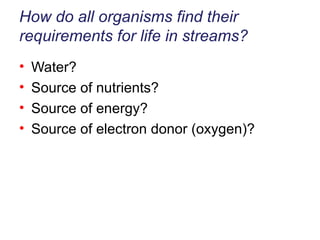 How do all organisms find their requirements for life in streams? Water? Source of nutrients? Source of energy? Source of electron donor (oxygen)? 