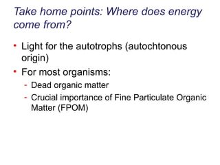 Take home points: Where does energy come from? Light for the autotrophs (autochtonous origin) For most organisms: Dead organic matter Crucial importance of Fine Particulate Organic Matter (FPOM) 