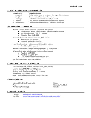 Ron Orick | Page 2
STRENGTHSFINDER CAREER ASSESSMENT
Core Themes: Core Descriptions:
• Analytical: Ability to think about all the factors that might affect a situation
• Discipline: Comfortable with routine and structure
• Harmony: Looks for consensus, seek areas of agreement
• Learner: Great desire to learn and want to continuously improve
• Responsibility: Committed to stable values such as honesty and loyalty
PROFESSIONAL AFFILIATIONS
Western Arkansas Human Resources Association, 1995-present
• Professional in Human Resources (PHR) Certification, 1997-present
• Workforce Readiness Chair, 2011-present
• Education Chair, 2002-2005
Fort Smith Regional Chamber of Commerce, 2005-present
• Ambassador, 2005-present
• Education Committee, 2006-2010
Mercy Fort Smith, Board of Community Advisors, 2009-present
• Board Chair, 2014-present
National Association of Colleges and Employers (NACE), 1999-present
Arkansas Association of Colleges and Employers, 2000-present
• President, 2007-2008
• President-elect, 2006-2007
• Chair, Professional Development, 2009-2010
Workforce Investment Board, 1999-present
CAMPUS AND COMMUNITY ACTIVITIES
Fort Smith Boys and Girls Club, Volunteer Coach, 2005-present
Lions for Christ, UAFS Advisor, 2004-present
Academy of the Arts, Advisory Board, 2014-present
Kappa Sigma, UAFS Advisor, 2009-2011
Alpha Lambda Delta Honor Society, Advisor, 2003-2005
COMPUTER SKILLS
Microsoft Word, Excel, PowerPoint
Prezi
WordPress (Web Design)
Banner
Simplicity/NACELink
LinkedIn
PERSONAL PROFILES
LinkedIn: www.linkedin.com/in/ronorick
ePortfolio: https://sites.google.com/a/g.uafs.edu/ron-orick-s-eportfolio/
 