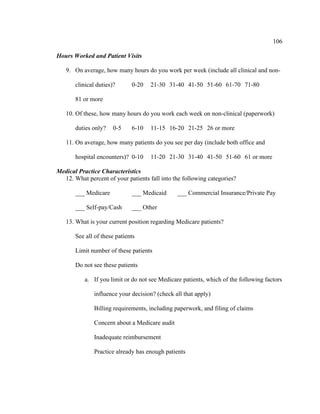 106	
  
	
  
Hours Worked and Patient Visits
9. On average, how many hours do you work per week (include all clinical and non-
clinical duties)? 0-20 21-30 31-40 41-50 51-60 61-70 71-80
81 or more
10. Of these, how many hours do you work each week on non-clinical (paperwork)
duties only? 0-5 6-10 11-15 16-20 21-25 26 or more
11. On average, how many patients do you see per day (include both office and
hospital encounters)? 0-10 11-20 21-30 31-40 41-50 51-60 61 or more
Medical Practice Characteristics
12. What percent of your patients fall into the following categories?
___ Medicare ___ Medicaid ___ Commercial Insurance/Private Pay
___ Self-pay/Cash ___ Other
13. What is your current position regarding Medicare patients?
See all of these patients
Limit number of these patients
Do not see these patients
a. If you limit or do not see Medicare patients, which of the following factors
influence your decision? (check all that apply)
Billing requirements, including paperwork, and filing of claims
Concern about a Medicare audit
Inadequate reimbursement
Practice already has enough patients
 