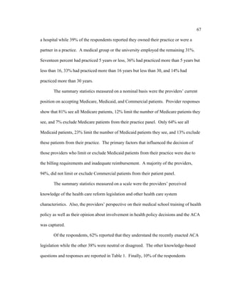67	
  
	
  
a hospital while 39% of the respondents reported they owned their practice or were a
partner in a practice. A medical group or the university employed the remaining 31%.
Seventeen percent had practiced 5 years or less, 36% had practiced more than 5 years but
less than 16, 33% had practiced more than 16 years but less than 30, and 14% had
practiced more than 30 years.
The summary statistics measured on a nominal basis were the providers’ current
position on accepting Medicare, Medicaid, and Commercial patients. Provider responses
show that 81% see all Medicare patients, 12% limit the number of Medicare patients they
see, and 7% exclude Medicare patients from their practice panel. Only 64% see all
Medicaid patients, 23% limit the number of Medicaid patients they see, and 13% exclude
these patients from their practice. The primary factors that influenced the decision of
those providers who limit or exclude Medicaid patients from their practice were due to
the billing requirements and inadequate reimbursement. A majority of the providers,
94%, did not limit or exclude Commercial patients from their patient panel.
The summary statistics measured on a scale were the providers’ perceived
knowledge of the health care reform legislation and other health care system
characteristics. Also, the providers’ perspective on their medical school training of health
policy as well as their opinion about involvement in health policy decisions and the ACA
was captured.
Of the respondents, 62% reported that they understand the recently enacted ACA
legislation while the other 38% were neutral or disagreed. The other knowledge-based
questions and responses are reported in Table 1. Finally, 10% of the respondents
 