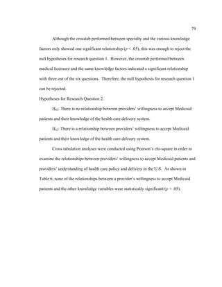 79	
  
	
  
Although the crosstab performed between specialty and the various knowledge
factors only showed one significant relationship (p < .05), this was enough to reject the
null hypotheses for research question 1. However, the crosstab performed between
medical licensure and the same knowledge factors indicated a significant relationship
with three out of the six questions. Therefore, the null hypothesis for research question 1
can be rejected.
Hypotheses for Research Question 2.
H02: There is no relationship between providers’ willingness to accept Medicaid
patients and their knowledge of the health care delivery system.
Ha2: There is a relationship between providers’ willingness to accept Medicaid
patients and their knowledge of the health care delivery system.
Cross tabulation analyses were conducted using Pearson’s chi-square in order to
examine the relationships between providers’ willingness to accept Medicaid patients and
providers’ understanding of health care policy and delivery in the U.S. As shown in
Table 6, none of the relationships between a provider’s willingness to accept Medicaid
patients and the other knowledge variables were statistically significant (p > .05).
 