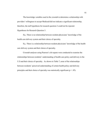 81	
  
	
  
The knowledge variables used in the crosstab to determine a relationship with
providers’ willingness to accept Medicaid did not indicate a significant relationship,
therefore, the null hypothesis for research question 2 could not be rejected.
Hypotheses for Research Question 3.
H03: There is no relationship between resident physicians’ knowledge of the
health care delivery system and their choice of specialty.
Ha3: There is a relationship between resident physicians’ knowledge of the health
care delivery system and their choice of specialty.
Crosstab analyses using Pearson’s chi-square were conducted to examine the
relationships between residents’ understanding of health care policy and delivery in the
U.S and their choice of specialty. As shown in Table 7, none of the relationships
between residents’ perceived understanding of certain health policy and delivery
principles and their choice of specialty was statistically significant (p > .05).
 