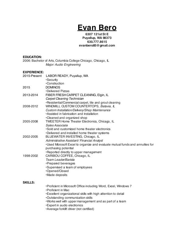 evan daniel bero resume 2016 labor works puyallup washington