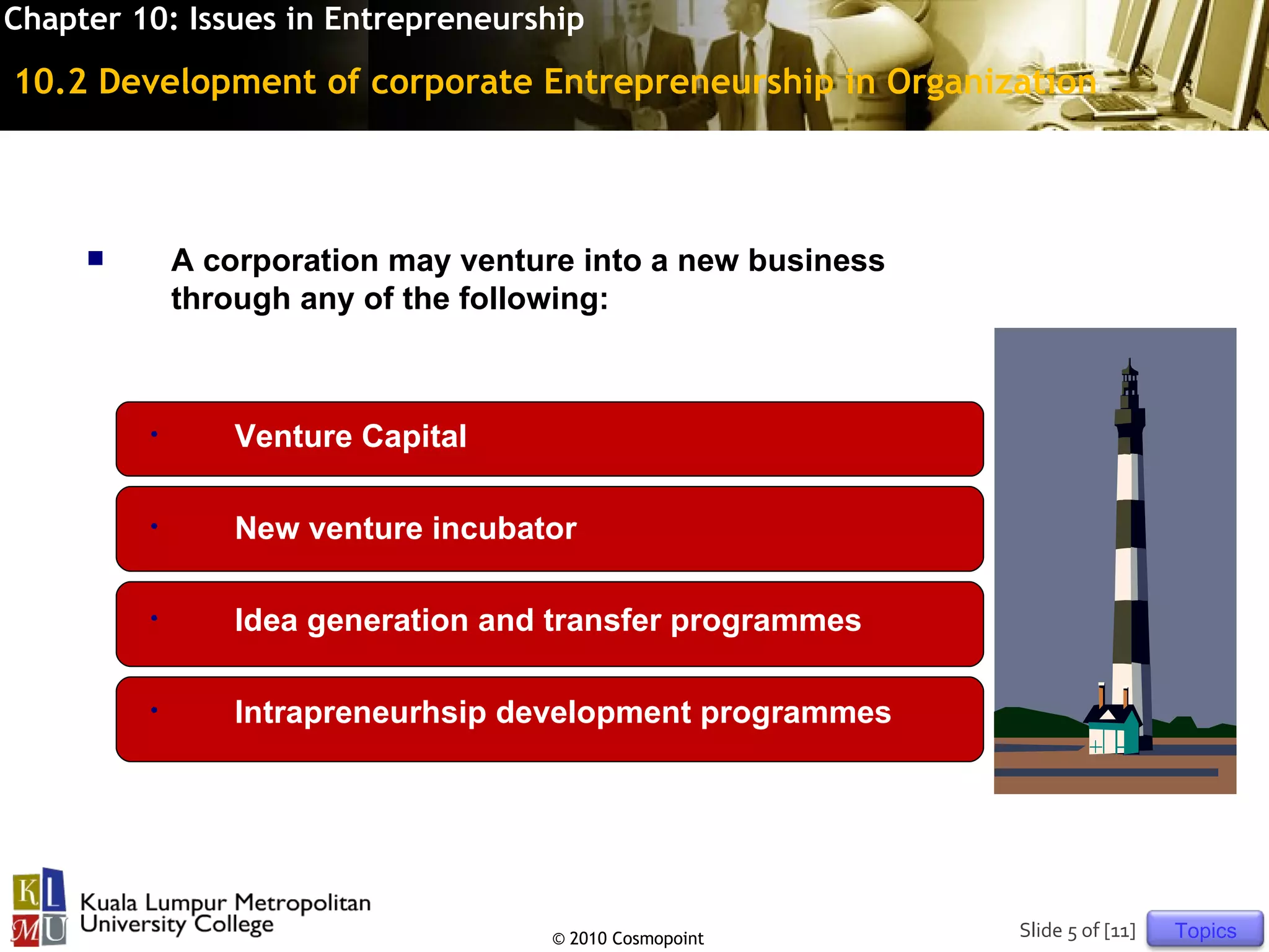 Chapter 10: Issues in Entrepreneurship

10.2 Development of corporate Entrepreneurship in Organization



            A corporation may venture into a new business
             through any of the following:



         •      Venture Capital

         •      New venture incubator

         •      Idea generation and transfer programmes

         •      Intrapreneurhsip development programmes




                                    © 2010 Cosmopoint        Slide 5 of [11]   Topics
 