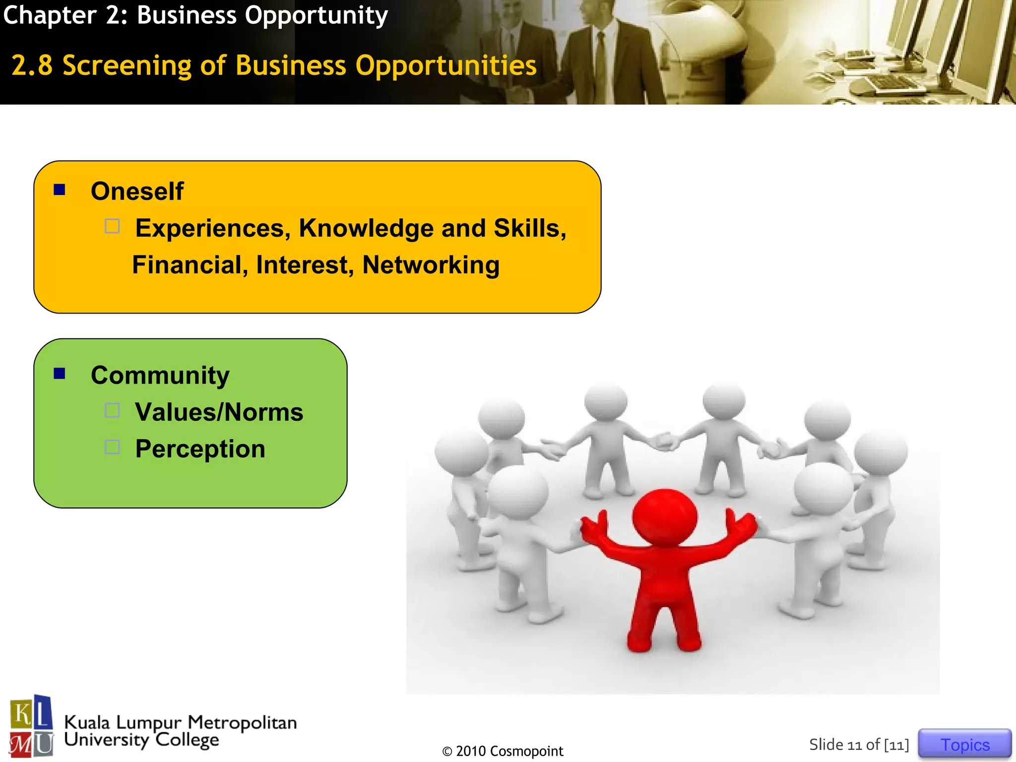 Chapter 2: Business Opportunity

2.8 Screening of Business Opportunities



      Oneself
         Experiences, Knowledge and Skills,
          Financial, Interest, Networking



      Community
         Values/Norms
         Perception




                                  © 2010 Cosmopoint   Slide 11 of [11]   Topics
 