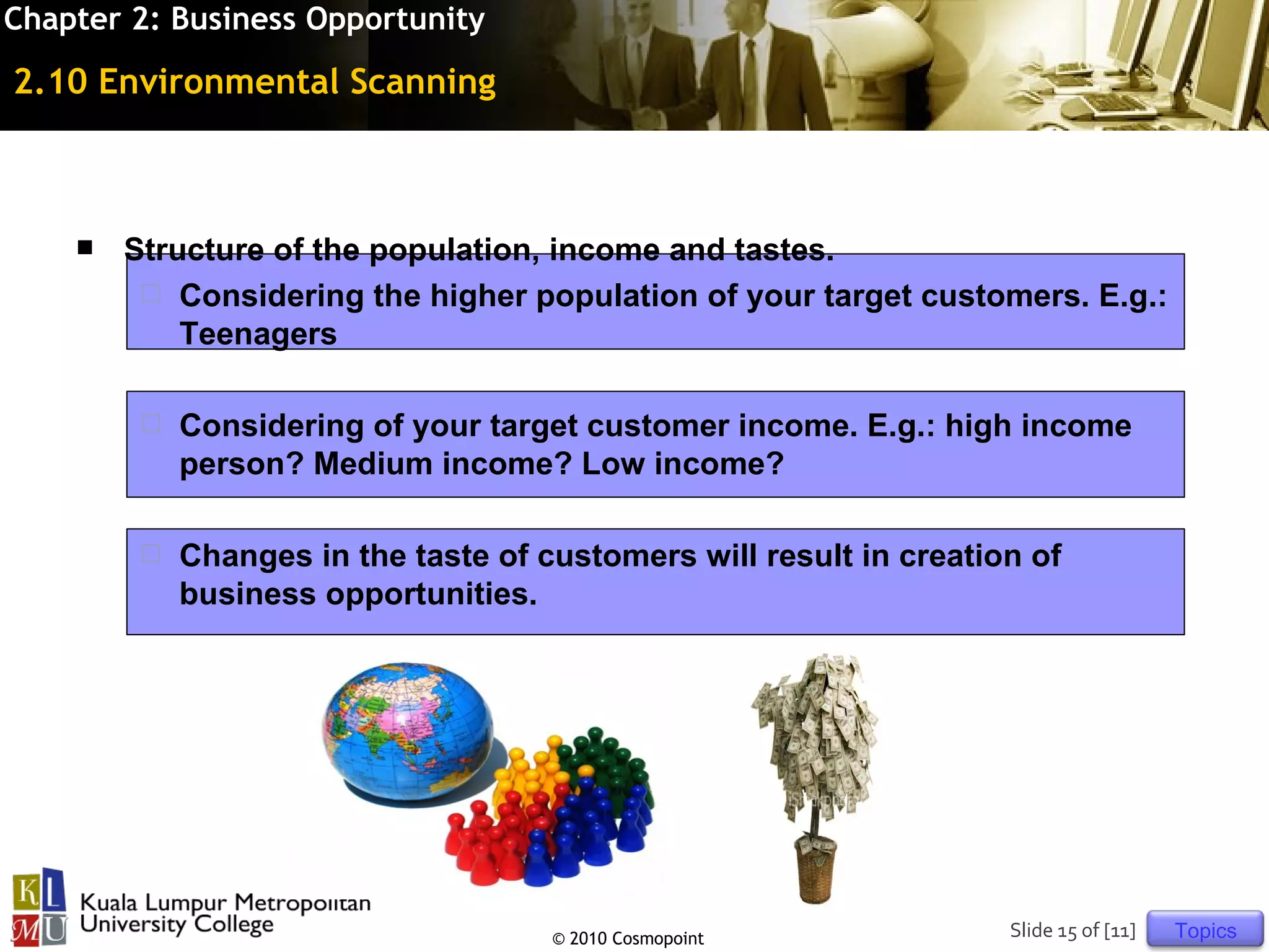 Chapter 2: Business Opportunity

2.10 Environmental Scanning



       Structure of the population, income and tastes.
          Considering the higher population of your target customers. E.g.:
            Teenagers

            Considering of your target customer income. E.g.: high income
             person? Medium income? Low income?

            Changes in the taste of customers will result in creation of
             business opportunities.




                                      © 2010 Cosmopoint              Slide 15 of [11]   Topics
 