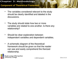 Component of Theoretical Framework

   • The variables considered relevant to the study
     should be clearly identified and labeled in the
     discussions.

   • The study should state how two or more
     variables are related to one another. Is there any
     relationship?

   • Should be clear explanation between
     independent variables and dependent variables.

   • A schematic diagram of the theoretical
     framework should be given so that the reader
     can see and easily comprehend the therized
     relationship.

                                  © 2010 Cosmopoint       Slide 6 of 18
 