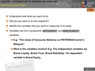 CHAPTER 1: INTRODUCTION TO RESEARCH METHODOLOGY
Overview of your Topic
                                                                               TOPIC




     Understand well what you want to do.

     Why do you want to do this research?

     Identify the variables that you want to measures or to study.

     Variables can be 2 component: DEPENDENT and INDEPENDENT
       variables.

         E.g. “The study of Consumer Behavior on PETRONAS brand in
           Malaysia”

         What is the variables involve? E.g. The independent variables are
           Brand Loyalty, Brand Trust, Brand Reliability. The dependent
           variable is Brand Equity.



                                                                          Slide 7 of 17
 