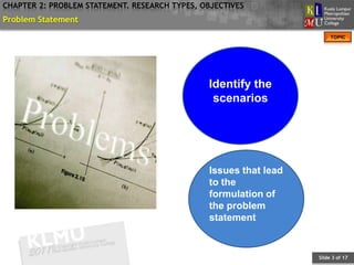 CHAPTER 2: PROBLEM STATEMENT. RESEARCH TYPES, OBJECTIVES
Problem Statement
                                                                       TOPIC




                                               Identify the
                                                scenarios




                                               Issues that lead
                                               to the
                                               formulation of
                                               the problem
                                               statement


                                                                  Slide 3 of 17
 