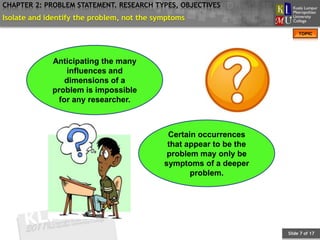 CHAPTER 2: PROBLEM STATEMENT. RESEARCH TYPES, OBJECTIVES
Isolate and identify the problem, not the symptoms
                                                                          TOPIC




             Anticipating the many
                  influences and
                 dimensions of a
             problem is impossible
               for any researcher.



                                             Certain occurrences
                                             that appear to be the
                                             problem may only be
                                            symptoms of a deeper
                                                   problem.




                                                                     Slide 7 of 17
 