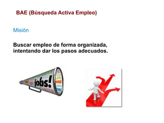 BAE (Búsqueda Activa Empleo)


Misión

Buscar empleo de forma organizada,
intentando dar los pasos adecuados.
 