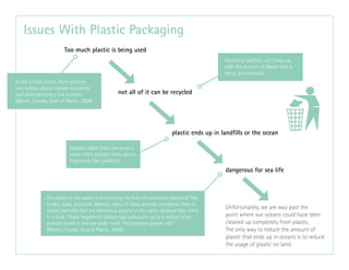 Unfortunately, we are way past the
point where our oceans could have been
cleaned up completely from plastic.
The only way to reduce the amount of
plastic that ends up in oceans is to reduce
the usage of plastic on land.
Too much plastic is being used
not all of it can be recycled
plastic ends up in landfills or the ocean
dangerous for sea life
In the United States, there are over
two million plastic bottles consumed
and discarded every five minutes.
(Moore, Charles. Seas of Plastic. 2009)
Recycling facilities can’t keep up
with the amount of plastic that is
being accumulated.
Samples taken from the ocean’s
water often contain more plastic
fragments than plankton.
The plastic in the water is threatening the lives of numerous species of fish,
turtles, seals, and birds. Namely, many of these animals mistakenly feed on
plastic particles that are swimming around in the water, because they think
it is food. “These fragments concentrate pollutants up to a million times
ambient levels in the sea water itself. They become poison pills”
(Moore, Charles. Seas of Plastic. 2009).
 