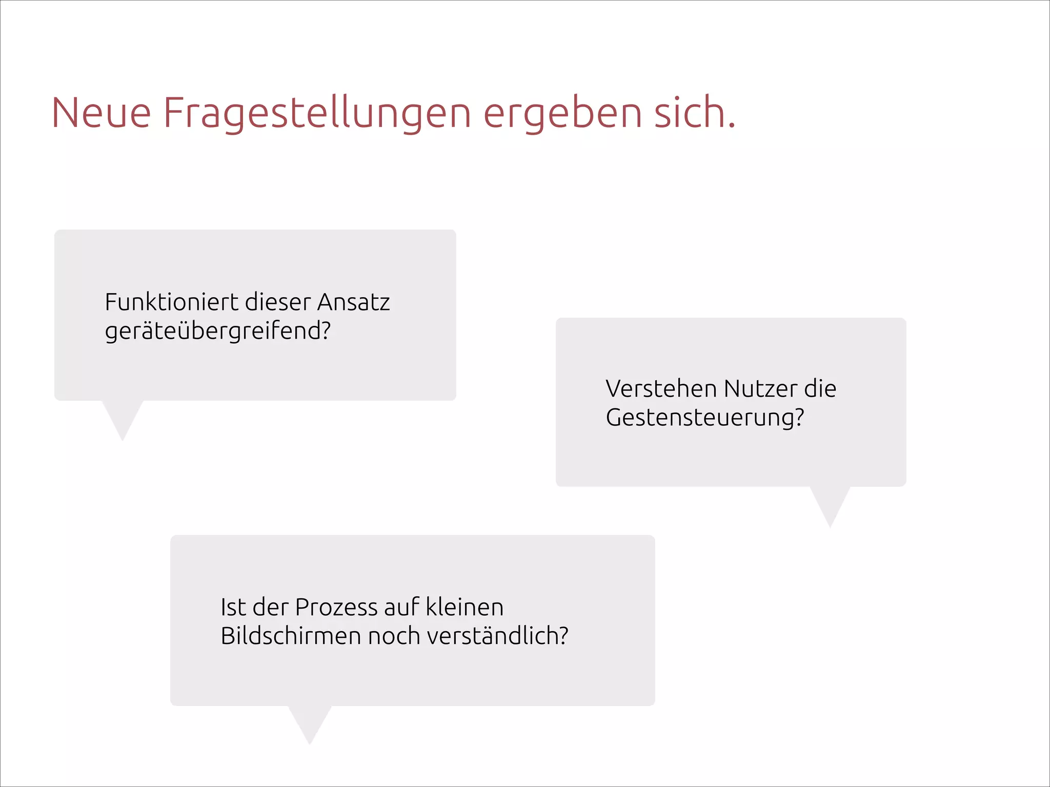 Neue Fragestellungen ergeben sich.

Funktioniert dieser Ansatz
geräteübergreifend?
Verstehen Nutzer die
Gestensteuerung?

Ist der Prozess auf kleinen
Bildschirmen noch verständlich?

 