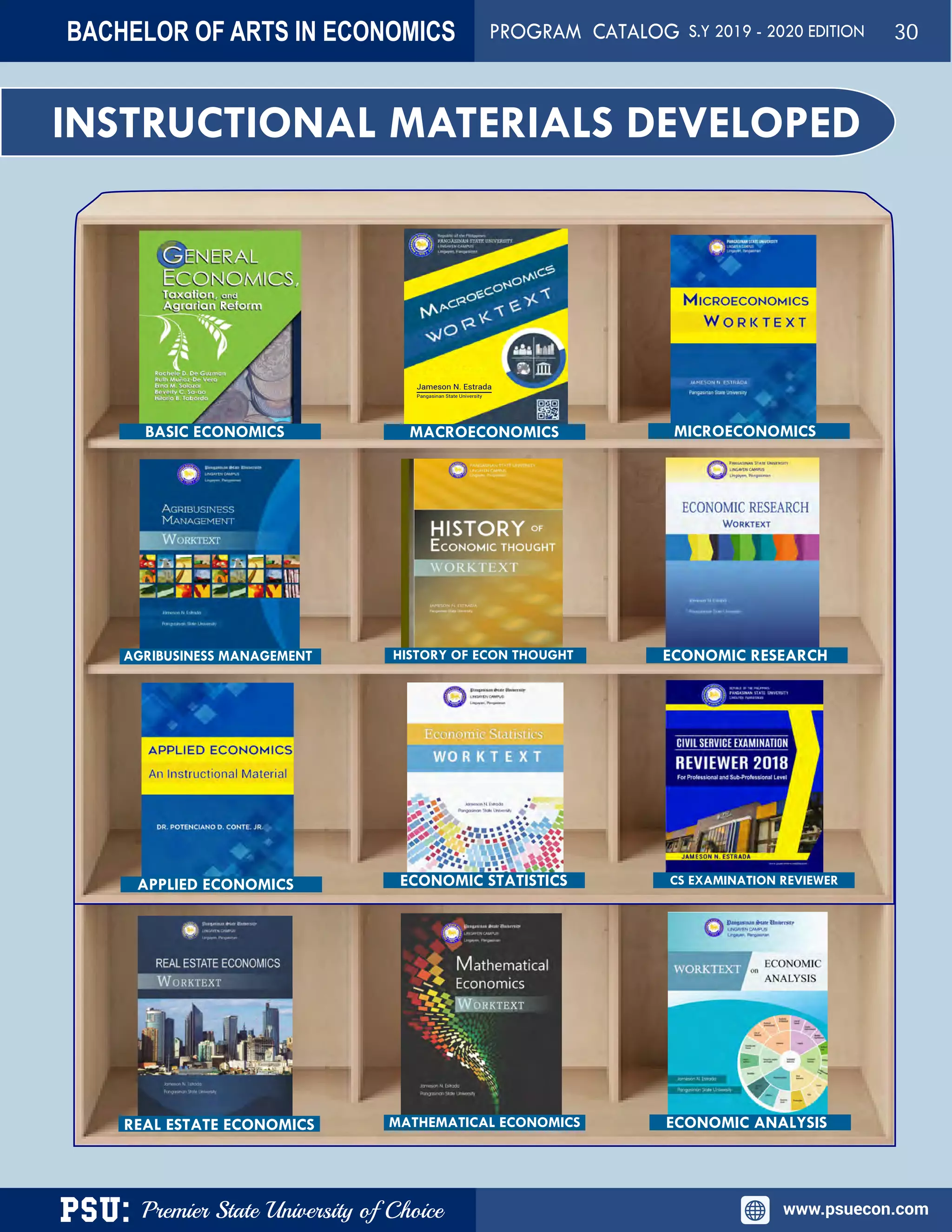 PSU: Premier State University of Choice www.psuecon.com
INSTRUCTIONAL MATERIALS DEVELOPED
Jameson N. Estrada
Pangasinan State University
BASIC ECONOMICS MACROECONOMICS MICROECONOMICS
AGRIBUSINESS MANAGEMENT HISTORY OF ECON THOUGHT ECONOMIC RESEARCH
APPLIED ECONOMICS ECONOMIC STATISTICS CS EXAMINATION REVIEWER
REAL ESTATE ECONOMICS MATHEMATICAL ECONOMICS ECONOMIC ANALYSIS
BACHELOR OF ARTS IN ECONOMICS PROGRAM CATALOG S.Y 2019 - 2020 EDITION 30
 