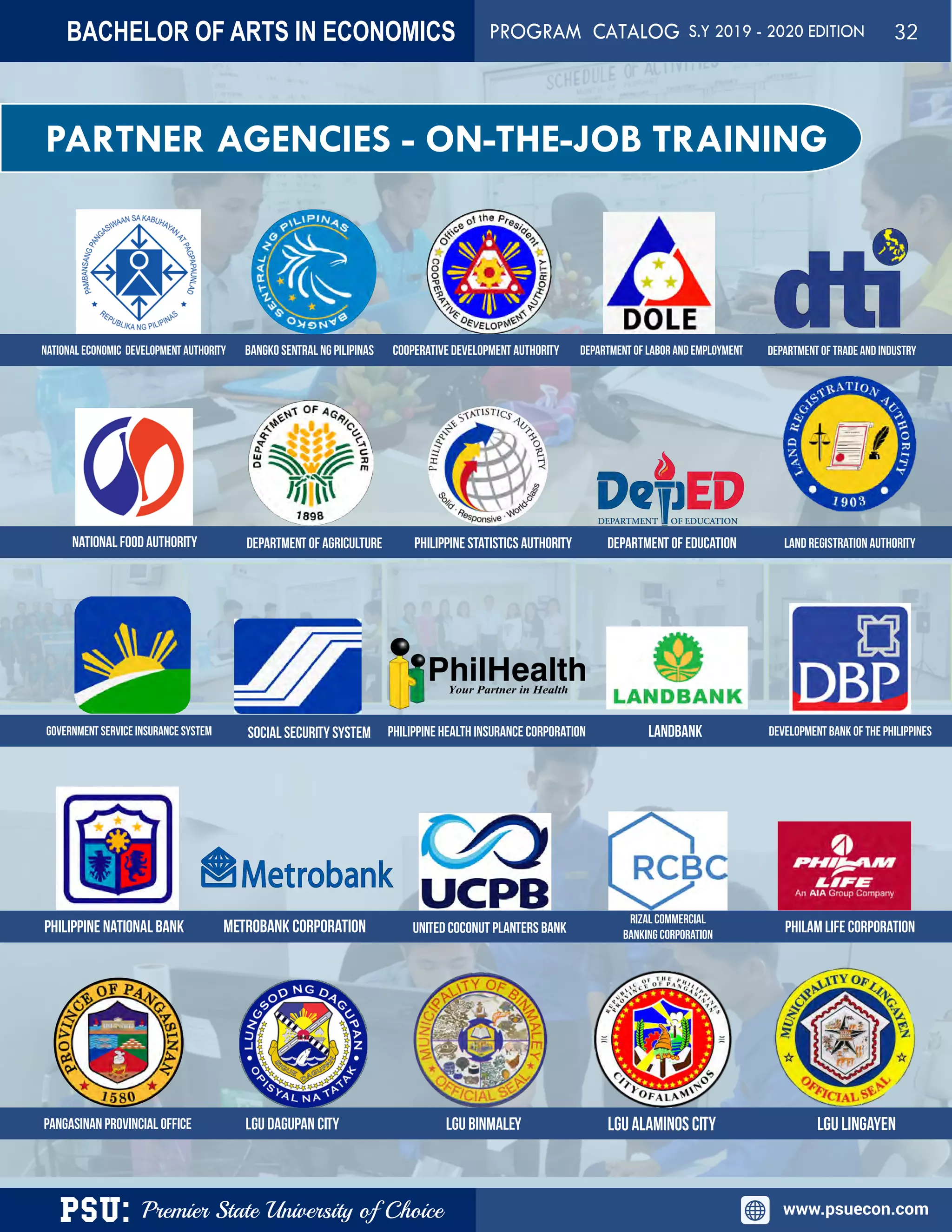 PSU: Premier State University of Choice www.psuecon.com
PARTNER AGENCIES - ON-THE-JOB TRAINING
NATIONAL ECONOMIC DEVELOPMENT AUTHORITY BANGKO SENTRAL NG PILIPINAS COOPERATIVE DEVELOPMENT AUTHORITY DEPARTMENT OF LABOR AND EMPLOYMENT DEPARTMENT OF TRADE AND INDUSTRY
DEPARTMENT OF AGRICULTURE LAND REGISTRATION AUTHORITY
PANGASINAN PROVINCIAL OFFICE LGU DAGUPAN CITY LGU BINMALEY LGUALAMINOSCITY LGU LINGAYEN
GOVERNMENT SERVICE INSURANCE SYSTEM SOCIAL SECURITY SYSTEM PHILIPPINE HEALTH INSURANCE CORPORATION LANDBANK DEVELOPMENT BANK OF THE PHILIPPINES
NATIONAL FOOD AUTHORITY PHILIPPINE STATISTICS AUTHORITY DEPARTMENT OF EDUCATION
PHILIPPINE NATIONAL BANK METROBANK CORPORATION UNITED COCONUT PLANTERS BANK
RIZAL COMMERCIAL
BANKING CORPORATION
PHILAM LIFE CORPORATION
BACHELOR OF ARTS IN ECONOMICS PROGRAM CATALOG S.Y 2019 - 2020 EDITION 32
 
