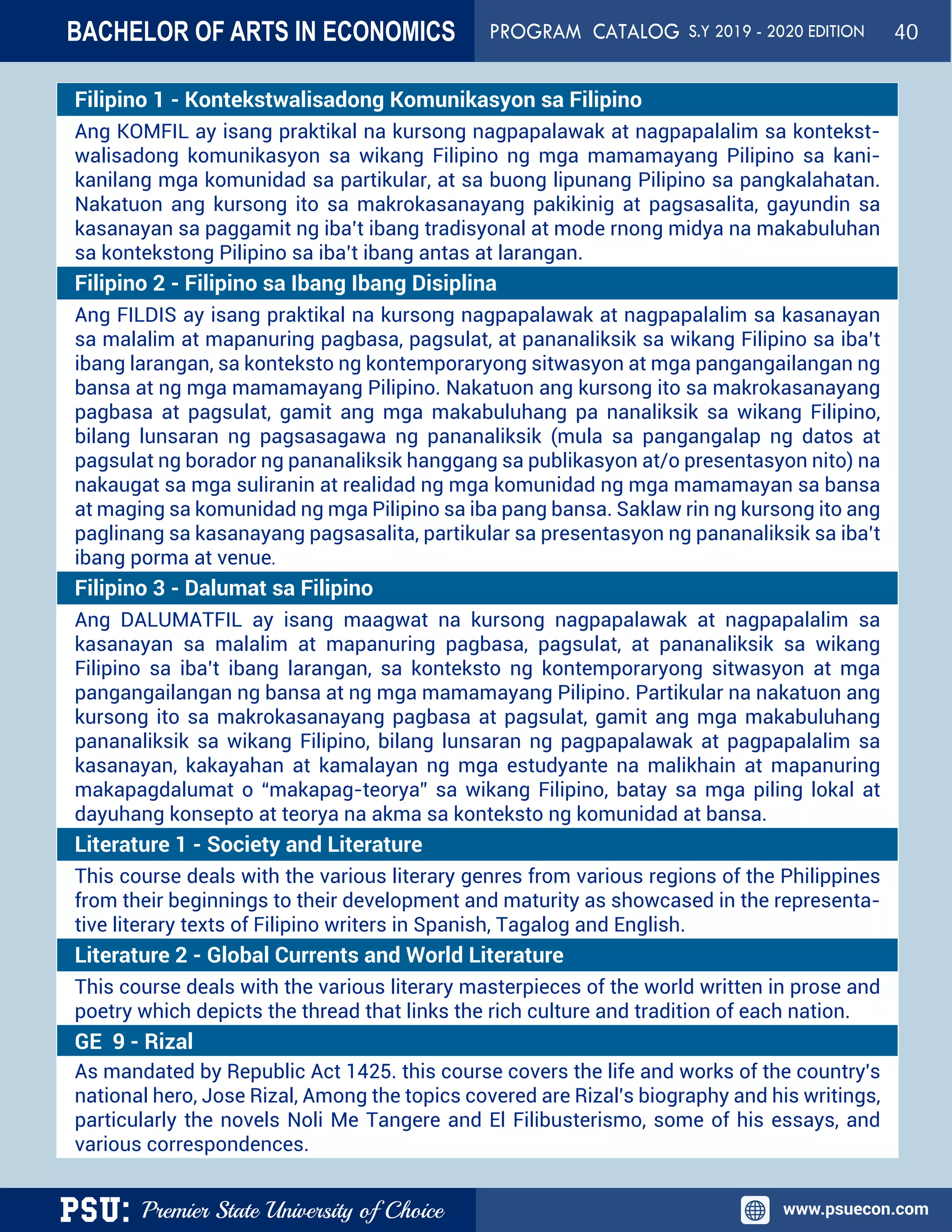 PSU: Premier State University of Choice www.psuecon.com
Filipino 1 - Kontekstwalisadong Komunikasyon sa Filipino
Ang KOMFIL ay isang praktikal na kursong nagpapalawak at nagpapalalim sa kontekst-
walisadong komunikasyon sa wikang Filipino ng mga mamamayang Pilipino sa kani-
kanilang mga komunidad sa partikular, at sa buong lipunang Pilipino sa pangkalahatan.
Nakatuon ang kursong ito sa makrokasanayang pakikinig at pagsasalita, gayundin sa
kasanayan sa paggamit ng iba’t ibang tradisyonal at mode rnong midya na makabuluhan
sa kontekstong Pilipino sa iba’t ibang antas at larangan.
Filipino 2 - Filipino sa Ibang Ibang Disiplina
Ang FILDIS ay isang praktikal na kursong nagpapalawak at nagpapalalim sa kasanayan
sa malalim at mapanuring pagbasa, pagsulat, at pananaliksik sa wikang Filipino sa iba’t
ibang larangan, sa konteksto ng kontemporaryong sitwasyon at mga pangangailangan ng
bansa at ng mga mamamayang Pilipino. Nakatuon ang kursong ito sa makrokasanayang
pagbasa at pagsulat, gamit ang mga makabuluhang pa nanaliksik sa wikang Filipino,
bilang lunsaran ng pagsasagawa ng pananaliksik (mula sa pangangalap ng datos at
pagsulat ng borador ng pananaliksik hanggang sa publikasyon at/o presentasyon nito) na
nakaugat sa mga suliranin at realidad ng mga komunidad ng mga mamamayan sa bansa
at maging sa komunidad ng mga Pilipino sa iba pang bansa. Saklaw rin ng kursong ito ang
paglinang sa kasanayang pagsasalita, partikular sa presentasyon ng pananaliksik sa iba’t
ibang porma at venue.
Filipino 3 - Dalumat sa Filipino
Ang DALUMATFIL ay isang maagwat na kursong nagpapalawak at nagpapalalim sa
kasanayan sa malalim at mapanuring pagbasa, pagsulat, at pananaliksik sa wikang
Filipino sa iba’t ibang larangan, sa konteksto ng kontemporaryong sitwasyon at mga
pangangailangan ng bansa at ng mga mamamayang Pilipino. Partikular na nakatuon ang
kursong ito sa makrokasanayang pagbasa at pagsulat, gamit ang mga makabuluhang
pananaliksik sa wikang Filipino, bilang lunsaran ng pagpapalawak at pagpapalalim sa
kasanayan, kakayahan at kamalayan ng mga estudyante na malikhain at mapanuring
makapagdalumat o “makapag-teorya” sa wikang Filipino, batay sa mga piling lokal at
dayuhang konsepto at teorya na akma sa konteksto ng komunidad at bansa.
Literature 1 - Society and Literature
This course deals with the various literary genres from various regions of the Philippines
from their beginnings to their development and maturity as showcased in the representa-
tive literary texts of Filipino writers in Spanish, Tagalog and English.
Literature 2 - Global Currents and World Literature
This course deals with the various literary masterpieces of the world written in prose and
poetry which depicts the thread that links the rich culture and tradition of each nation.
GE  9 - Rizal
As mandated by Republic Act 1425. this course covers the life and works of the country's
national hero, Jose Rizal, Among the topics covered are Rizal's biography and his writings,
particularly the novels Noli Me Tangere and El Filibusterismo, some of his essays, and
various correspondences.
BACHELOR OF ARTS IN ECONOMICS PROGRAM CATALOG S.Y 2019 - 2020 EDITION 40
 