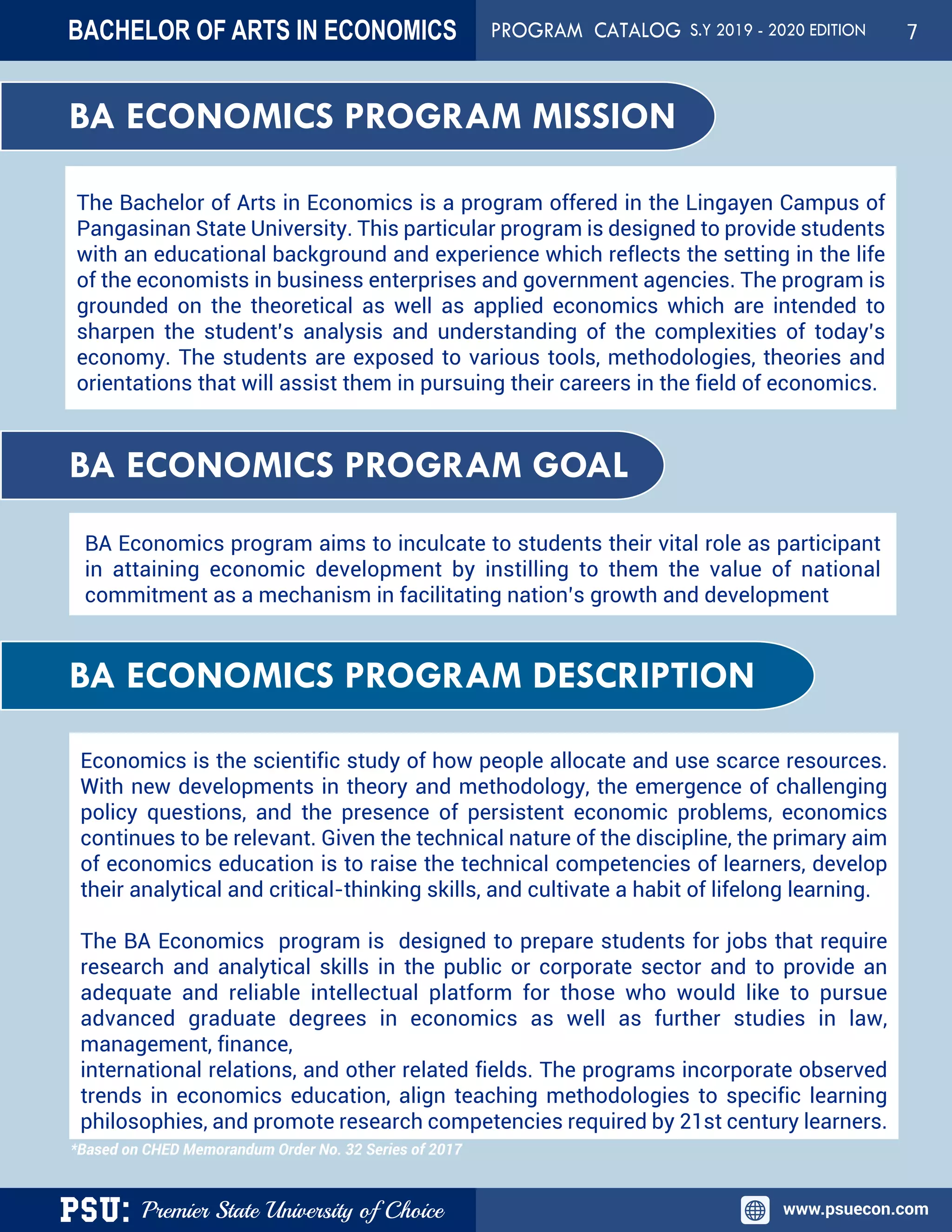 PSU: Premier State University of Choice www.psuecon.com
BA ECONOMICS PROGRAM MISSION
BA ECONOMICS PROGRAM DESCRIPTION
The Bachelor of Arts in Economics is a program offered in the Lingayen Campus of
Pangasinan State University. This particular program is designed to provide students
with an educational background and experience which reflects the setting in the life
of the economists in business enterprises and government agencies. The program is
grounded on the theoretical as well as applied economics which are intended to
sharpen the student’s analysis and understanding of the complexities of today’s
economy. The students are exposed to various tools, methodologies, theories and
orientations that will assist them in pursuing their careers in the field of economics.
Economics is the scientific study of how people allocate and use scarce resources.
With new developments in theory and methodology, the emergence of challenging
policy questions, and the presence of persistent economic problems, economics
continues to be relevant. Given the technical nature of the discipline, the primary aim
of economics education is to raise the technical competencies of learners, develop
their analytical and critical-thinking skills, and cultivate a habit of lifelong learning.
The BA Economics program is designed to prepare students for jobs that require
research and analytical skills in the public or corporate sector and to provide an
adequate and reliable intellectual platform for those who would like to pursue
advanced graduate degrees in economics as well as further studies in law,
management, finance,
international relations, and other related fields. The programs incorporate observed
trends in economics education, align teaching methodologies to specific learning
philosophies, and promote research competencies required by 21st century learners.
BA ECONOMICS PROGRAM GOAL
BA Economics program aims to inculcate to students their vital role as participant
in attaining economic development by instilling to them the value of national
commitment as a mechanism in facilitating nation’s growth and development
*Based on CHED Memorandum Order No. 32 Series of 2017
BACHELOR OF ARTS IN ECONOMICS PROGRAM CATALOG S.Y 2019 - 2020 EDITION 7
 