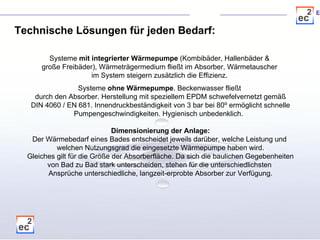 Technische Lösungen für jeden Bedarf: Systeme  mit integrierter Wärmepumpe  (Kombibäder, Hallenbäder &  große Freibäder), Wärmeträgermedium fließt im Absorber, Wärmetauscher  im System steigern zusätzlich die Effizienz.  Systeme  ohne Wärmepumpe . Beckenwasser fließt  durch den Absorber. Herstellung mit speziellem EPDM schwefelvernetzt gemäß DIN 4060 / EN 681. Innendruckbeständigkeit von 3 bar bei 80 º ermöglicht schnelle Pumpengeschwindigkeiten. Hygienisch unbedenklich.  Dimensionierung der Anlage: Der Wärmebedarf eines Bades entscheidet jeweils darüber, welche Leistung und  welchen Nutzungsgrad die eingesetzte Wärmepumpe haben wird. Gleiches gilt für die Größe der Absorberfläche. Da sich die baulichen Gegebenheiten von Bad zu Bad stark unterscheiden, stehen für die unterschiedlichsten  Ansprüche unterschiedliche, langzeit-erprobte Absorber zur Verfügung. 