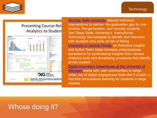 • Georgia State University tailored individual
interventions to narrow the graduation gap for low-
income, first-generation, and minority students
• San Diego State University’s Instructional
Technology Servicesgoal to identify and intervene
with students who were at-risk of failing
• University of Central Florida, an Analytics Insights
and Action Team helps increase undergraduate
persistence by synthesizing insights from various
analytics tools and developing processes that identify
at-risk student
• Digital Innovation Greenhouse at the University of
Michigan works with user communities to adopt
wider use of digital engagement tools like E-Coach, a
tool that personalizes learning for students in large
classes
Whose doing it?
Technology
 