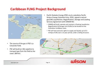 Page 10www.wison.com
• Pacific Rubiales Energy (PRE) via its subsidiary Pacific 
Stratus Energy Colombia Corp. (PSE), signed a natural 
gas/LNG Liquefaction, Regasification, Storage and Loading 
Services Agreement with EXMAR NV:
− EXMAR will build, operate and maintain a Floating Liquefaction 
Regasification & Storage Unit (FLRSU) to be located on the 
Colombian Caribbean coast.
− PSE will have exclusive rights to supply and liquefy up to 0.5 
mmtpa of LNG over a 15‐year period, under a tolling structure. 
• The source of the gas is PSE’s La 
Creciente Field.
• PSE will build an 18in pipeline to 
transport gas from the field to the 
coast  (88 Km)
Caribbean FLNG Project Background
 