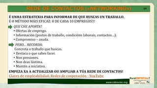 REDE DE CONTACTOS («NETWORKING») 19
É UNHA ESTRATEXIA PARA INFORMAR DE QUE BUSCAS UN TRABALLO.
É O MÉTODO MÁIS EFICAZ: 8 DE CADA 10 EMPREGOS!!!
QUE CHE APORTA?
• Ofertas de emprego.
• Información (postos de traballo, condicións laborais, contactos…).
• Compromiso – axuda.
PERO… RECORDA:
Concreta o traballo que buscas.
• Destaca o que sabes facer.
• Non presiones.
• Non deas lástima.
• Mantén a iniciativa.
EMPEZA XA A ACTUALIZAR OU AMPLIAR A TÚA REDE DE CONTACTOS!
Claves de empleabilidad: Redes de cooperación - YouTube
 
