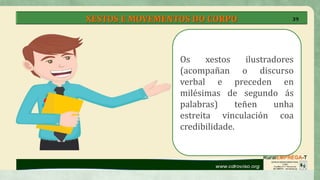 XESTOS E MOVEMENTOS DO CORPO
Os xestos ilustradores
(acompañan o discurso
verbal e preceden en
milésimas de segundo ás
palabras) teñen unha
estreita vinculación coa
credibilidade.
39
 