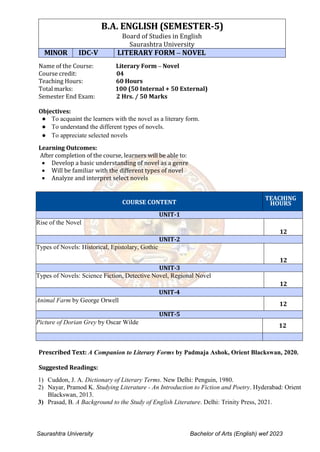 Saurashtra University Bachelor of Arts (English) wef 2023
B.A. ENGLISH (SEMESTER-5)
Board of Studies in English
Saurashtra University
MINOR IDC-V LITERARY FORM – NOVEL
Name of the Course: Literary Form – Novel
Course credit: 04
Teaching Hours: 60 Hours
Total marks: 100 (50 Internal + 50 External)
Semester End Exam: 2 Hrs. / 50 Marks
Objectives:
● To acquaint the learners with the novel as a literary form.
● To understand the different types of novels.
● To appreciate selected novels
Learning Outcomes:
After completion of the course, learners will be able to:
 Develop a basic understanding of novel as a genre
 Will be familiar with the different types of novel
 Analyze and interpret select novels
COURSE CONTENT
TEACHING
HOURS
UNIT-1
Rise of the Novel
12
UNIT-2
Types of Novels: Historical, Epistolary, Gothic
12
UNIT-3
Types of Novels: Science Fiction, Detective Novel, Regional Novel
12
UNIT-4
Animal Farm by George Orwell
12
UNIT-5
Picture of Dorian Grey by Oscar Wilde
12
Prescribed Text: A Companion to Literary Forms by Padmaja Ashok, Orient Blackswan, 2020.
Suggested Readings:
1) Cuddon, J. A. Dictionary of Literary Terms. New Delhi: Penguin, 1980.
2) Nayar, Pramod K. Studying Literature - An Introduction to Fiction and Poetry. Hyderabad: Orient
Blackswan, 2013.
3) Prasad, B. A Background to the Study of English Literature. Delhi: Trinity Press, 2021.
 