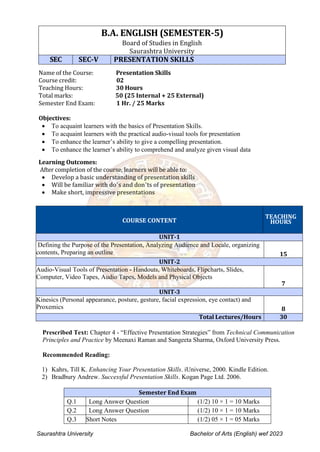 Saurashtra University Bachelor of Arts (English) wef 2023
B.A. ENGLISH (SEMESTER-5)
Board of Studies in English
Saurashtra University
SEC SEC-V PRESENTATION SKILLS
Name of the Course: Presentation Skills
Course credit: 02
Teaching Hours: 30 Hours
Total marks: 50 (25 Internal + 25 External)
Semester End Exam: 1 Hr. / 25 Marks
Objectives:
 To acquaint learners with the basics of Presentation Skills.
 To acquaint learners with the practical audio-visual tools for presentation
 To enhance the learner’s ability to give a compelling presentation.
 To enhance the learner’s ability to comprehend and analyze given visual data
Learning Outcomes:
After completion of the course, learners will be able to:
 Develop a basic understanding of presentation skills
 Will be familiar with do’s and don’ts of presentation
 Make short, impressive presentations
COURSE CONTENT
TEACHING
HOURS
UNIT-1
Defining the Purpose of the Presentation, Analyzing Audience and Locale, organizing
contents, Preparing an outline 15
UNIT-2
Audio-Visual Tools of Presentation - Handouts, Whiteboards, Flipcharts, Slides,
Computer, Video Tapes, Audio Tapes, Models and Physical Objects
7
UNIT-3
Kinesics (Personal appearance, posture, gesture, facial expression, eye contact) and
Proxemics 8
Total Lectures/Hours 30
Prescribed Text: Chapter 4 - “Effective Presentation Strategies” from Technical Communication
Principles and Practice by Meenaxi Raman and Sangeeta Sharma, Oxford University Press.
Recommended Reading:
1) Kahrs, Till K. Enhancing Your Presentation Skills. iUniverse, 2000. Kindle Edition.
2) Bradbury Andrew. Successful Presentation Skills. Kogan Page Ltd. 2006.
Semester End Exam
Q.1 Long Answer Question (1/2) 10 × 1 = 10 Marks
Q.2 Long Answer Question (1/2) 10 × 1 = 10 Marks
Q.3 Short Notes (1/2) 05 × 1 = 05 Marks
 