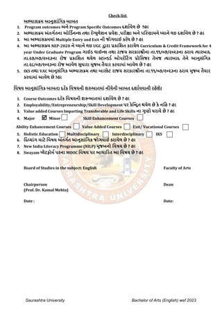 Saurashtra University Bachelor of Arts (English) wef 2023
Check list
અભ્યાસક્રમ આનુસાાંગિક બાબત
1. Program outcomes અને Program Specific Outcomes દર્ાાવેલ છે ?હા
2. અભ્યાસક્રમ અાંતિાતના ઓગડાનન્સ તથા ર ેગ્યુલેર્ન પ્રવેર્ ,પરીક્ષા અને પગરણામને ધ્યાને લઇ દર્ાાવેલ છે ? હા
3. આ અભ્યાસક્રમમાાં Multiple Entry and Exit ની જોિવાઈ કર ેલ છે ? હા
4. આ અભ્યાસક્રમ NEP-2020 ને ધ્યાને લઇ UGC દ્વારા પ્રકાગર્ત કરાયેલ Curriculum & Credit Framework for 4
year Under Graduate Program િાઈડ લાઈન્સ તથા રાજય સરકારશ્રીના તા.૧૧/૦૭/૨૦૨૩ના ઠરાવ ત્યારબાદ
તા.૨૭/૦૭/૨૦૨૩ના રોજ પ્રકાગર્ત થયેલ સ્ટાન્ડડા ઓપર ેગટાંિ પ્રોગસજર તેમજ ત્યારબાદ તેને આનુસાંગિક
તા.૨૮/૦૭/૨૦૨૩ના રોજ આવેલ સુધારા મુજબ તૈયાર કરવામાાં આવેલ છે ? હા
5. IKS તથા VAC આનુસાંગિક અભ્યાસક્રમ તથા બાસ્કેટ રાજય સરકારશ્રીના તા.૧૧/૦૭/૨૦૨૩ના ઠરાવ મુજબ તૈયાર
કરવામાાં આવેલ છે ?હા
ગવષય આનુસાાંગિક બાબત( દર ેક ગવષયની ર્રુઆતમાાં નીચેની બાબત દર્ાાવવાની રહેર્ે)
1. Course Outcomes દર ેક ગવષયની ર્રૂઆતમાાં દર્ાાવેલ છે ? હા
2. Employability/Entrepreneurship/Skill Development પર કેગન્િત થયેલ છે કે નગહ ? હા
3. Value added Courses Imparting Transferable and Life Skills ના િુણો ધરાવે છે ? હા
4. Major  Minor Skill Enhancement Courses
Ability Enhancement Courses Value Added Courses Exit/ Vocational Courses
5. Holistic Education Multidisciplinary Interdisciplinary IKS
6. ગદવયાાંિ માટે ગવષય અાંતિાત આનુસાાંગિક જોિવાઈ કરાયેલ છે ? હા
7. New India Literacy Programme (NILP) મુજબનો ગવષય છે ? હા
8. Swayam પ્લેટફોમા પરના MOOC ગવષય પર આધાગરત આ ગવષય છે ? હા
Board of Studies in the subject: English Faculty of Arts
Chairperson Dean
(Prof. Dr. Kamal Mehta)
Date : Date:
 