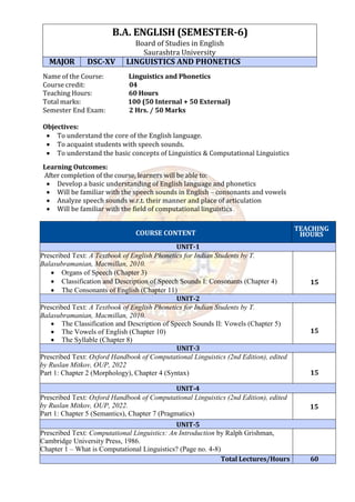 B.A. ENGLISH (SEMESTER-6)
Board of Studies in English
Saurashtra University
MAJOR DSC-XV LINGUISTICS AND PHONETICS
Name of the Course: Linguistics and Phonetics
Course credit: 04
Teaching Hours: 60 Hours
Total marks: 100 (50 Internal + 50 External)
Semester End Exam: 2 Hrs. / 50 Marks
Objectives:
 To understand the core of the English language.
 To acquaint students with speech sounds.
 To understand the basic concepts of Linguistics & Computational Linguistics
Learning Outcomes:
After completion of the course, learners will be able to:
 Develop a basic understanding of English language and phonetics
 Will be familiar with the speech sounds in English – consonants and vowels
 Analyze speech sounds w.r.t. their manner and place of articulation
 Will be familiar with the field of computational linguistics
COURSE CONTENT
TEACHING
HOURS
UNIT-1
Prescribed Text: A Textbook of English Phonetics for Indian Students by T.
Balasubramanian, Macmillan, 2010.
 Organs of Speech (Chapter 3)
 Classification and Description of Speech Sounds I: Consonants (Chapter 4)
 The Consonants of English (Chapter 11)
15
UNIT-2
Prescribed Text: A Textbook of English Phonetics for Indian Students by T.
Balasubramanian, Macmillan, 2010.
 The Classification and Description of Speech Sounds II: Vowels (Chapter 5)
 The Vowels of English (Chapter 10)
 The Syllable (Chapter 8)
15
UNIT-3
Prescribed Text: Oxford Handbook of Computational Linguistics (2nd Edition), edited
by Ruslan Mitkov, OUP, 2022
Part 1: Chapter 2 (Morphology), Chapter 4 (Syntax) 15
UNIT-4
Prescribed Text: Oxford Handbook of Computational Linguistics (2nd Edition), edited
by Ruslan Mitkov, OUP, 2022.
Part 1: Chapter 5 (Semantics), Chapter 7 (Pragmatics)
15
UNIT-5
Prescribed Text: Computational Linguistics: An Introduction by Ralph Grishman,
Cambridge University Press, 1986.
Chapter 1 – What is Computational Linguistics? (Page no. 4-8)
Total Lectures/Hours 60
 