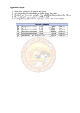 Suggested Readings:
1) The Winged Word (ed.) David Green, Macmillan.
2) Appreciating English Poetry by Pravin Thaker, Orient Blackswan.
3) The Cambridge Companion to English Poets (ed.) Claude Rawson, Cambridge U Press.
4) History of English Literature by Edward Albert, OUP.
5) Routledge History of Literature in English (ed.) Ronald McCarter, Routledge.
Semester End Exam
Q.1 Long answer question – Unit 1 (1/2) 10 × 1 = 10 Marks
Q.2 Long answer question – Unit 2 (1/2) 10 × 1 = 10 Marks
Q.3 Long answer question – Unit 3 (1/2) 10 × 1 = 10 Marks
Q.4 Long answer question – Unit 4 (1/2) 10 × 1 = 10 Marks
Q.5 Short Notes – One from each unit (2/4) 05 × 2 = 10 Marks
 