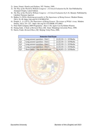 Saurashtra University Bachelor of Arts (English) wef 2023
2) Jones, Ernest. Hamlet and Oedipus. NY: Norton, 1949.
3) The Way of the World by William Congreve –A Critical Evaluation by Dr. Sen Published by
Amarjeet Chopra. Latest Edition.
4) The Way of the World by William Congreve –A Critical Evaluation by S. K. Benerji- Published by
Lakshmi Narayan Agarwal.
5) Balkin, S. (2016). Realizing personality in The Importance of Being Earnest. Modern Drama,
59(1), 26–48. https://doi.org/10.3138/MD.0743
6) Poague, L. A. (1973). The Importance of Being Earnest: The texture of Wilde’s irony. Modern
Drama, 16(3), 251–257. https://doi.org/10.1353/MDR.1973.0062
7) Peter Hall Company 2009 Programme - Shaw's The Apple Cart by Robert Warren.
8) Huang Jiade. A Study of Bernard Shaw [M]. Jinan: Shandong University Press, 1898.
9) Harris, Frank. Bernard Shaw [M]. Beijing: Unity Press, 2006.
Semester End Exam
Q.1 Long answer question – Unit 1 (1/2) 10 × 1 = 10 Marks
Q.2 Long answer question – Unit 2 (1/2) 10 × 1 = 10 Marks
Q.3 Long answer question – Unit 3 (1/2) 10 × 1 = 10 Marks
Q.4 Long answer question – Unit 4 (1/2) 10 × 1 = 10 Marks
Q.5 Short Notes – One from each unit (2/4) 05 × 2 = 10 Marks
 
