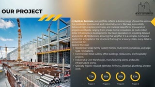 72%
Project 1
85%
Project 2
92%
Project 3
82%
Project 4
OUR PROJECT
At Build An Estimate, our portfolio reflects a diverse range of expertise across
the residential, commercial, and industrial sectors. We have successfully
delivered high-precision estimates and material takeoffs for thousands of
projects worldwide, ranging from private home renovations to multi-million
dollar infrastructure developments. Our team specializes in providing detailed
analysis for all CSI divisions, ensuring that whether it is a complex mechanical
system for a hospital or the structural framing for a luxury estate, every detail is
accounted for.
Sectors We Cover
Residential: Single-family custom homes, multi-family complexes, and large-
scale renovations.
Commercial: Retail outlets, office buildings, restaurants, and hospitality
projects.
Industrial & Civil: Warehouses, manufacturing plants, and public
infrastructure works.
Specialty Trades: Focused estimates for HVAC, electrical, plumbing, and site
work.
 