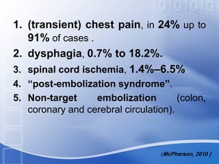 1. (transient) chest pain, in 24% up to
91% of cases .
2. dysphagia, 0.7% to 18.2%.
3. spinal cord ischemia, 1.4%–6.5%
4. “post-embolization syndrome”.
5. Non-target embolization (colon,
coronary and cerebral circulation).
(McPherson, 2010 )
 