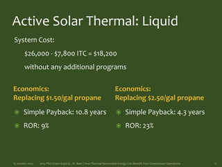 Active Solar Thermal: Liquid
Economics:
Replacing $1.50/gal propane
Economics:
Replacing $2.50/gal propane
 Simple Payback: 10.8 years
 ROR: 9%
 Simple Payback: 4.3 years
 ROR: 23%
15 January 2015 2015 PRO Green Expo | L. M. Baer | How Thermal Renewable Energy Can Benefit Your Greenhouse Operations 12
System Cost:
$26,000 - $7,800 ITC = $18,200
without any additional programs
 