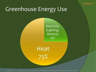 Greenhouse Energy Use
Electricity
(Lighting,
Motors)
25%
Heat
75%
15 January 2015 2015 PRO Green Expo | L. M. Baer | How Thermal Renewable Energy Can Benefit Your Greenhouse Operations 4
 