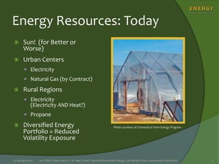 Energy Resources: Today
 Sun! (for Better or
Worse)
 Urban Centers
 Electricity
 Natural Gas (by Contract)
 Rural Regions
 Electricity
(Electricity AND Heat?)
 Propane
 Diversified Energy
Portfolio = Reduced
Volatility Exposure
15 January 2015 2015 PRO Green Expo | L. M. Baer | How Thermal Renewable Energy Can Benefit Your Greenhouse Operations 5
Photo courtesy of Connecticut Farm Energy Program.
 