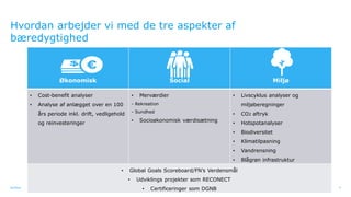 Ramboll
Hvordan arbejder vi med de tre aspekter af
bæredygtighed
Økonomisk Social Miljø
• Cost-benefit analyser
• Analyse af anlægget over en 100
års periode inkl. drift, vedligehold
og reinvesteringer
• Merværdier
- Rekreation
- Sundhed
• Socioøkonomisk værdisætning
• Livscyklus analyser og
miljøberegninger
• CO2 aftryk
• Hotspotanalyser
• Biodiversitet
• Klimatilpasning
• Vandrensning
• Blågrøn infrastruktur
• Global Goals Scoreboard/FN’s Verdensmål
• Udviklings projekter som RECONECT
• Certificeringer som DGNB 4
 