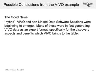Possible Conclusions from the VIVO example 
18 
The Good News: 
“hybrid” VIVO and non-Linked Data Software Solutions were 
beginning to emerge. Many of these were in fact generating 
VIVO data as an export format, specifically for the discovery 
aspects and benefits which VIVO brings to the table. 
Jeff Baer , ProQuest – Dec. 3, 2014 
 