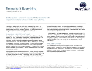 Timing Isn’t Everything
18
1. In US dollars. Source: Dimensional, using data from Bloomberg LP. Includes primary and secondary exchange trading volume globally for equities. ETFs and funds are excluded. Daily averages were computed by calculating
the trading volume of each stock daily as the closing price multiplied by shares traded that day. All such trading volume is summed up and divided by 252 as an approximate number of annual trading days.
2. Past performance is no guarantee of future results. US-domiciled open-end mutual fund data is from Morningstar. The sample includes funds at the beginning of the 20-year period ending December 31, 2018. For further
details, see the Mutual Fund Landscape 2019.
A neighbor or relative might ask about which investments are good at the
moment. The lure of getting in at the right time or avoiding the next downturn
may tempt even disciplined, long-term investors. The reality of successfully
timing markets, however, isn’t as straightforward as it sounds.
OUTGUESSING THE MARKET IS DIFFICULT
Attempting to buy individual stocks or make tactical asset allocation changes
at exactly the “right” time presents investors with substantial challenges. First
and foremost, markets are fiercely competitive and adept at processing
information. During 2018, a daily average of $462.8 billion in equity trading
took place around the world.¹ The combined effect of all this buying and selling
is that available information, from economic data to investor preferences and
so on, is quickly incorporated into market prices. Trying to time the market
based on an article from this morning’s newspaper or a segment from financial
television? It’s likely that information is already reflected in prices by the time
an investor can react to it.
Dimensional recently studied the performance of actively managed US-based
mutual funds and found that even professional investors have difficulty beating
the market: over the last 20 years, 77% of equity funds and 92% of fixed
income funds failed to survive and outperform their benchmarks after costs.²
Further complicating matters, for investors to have a shot at successfully
timing the market, they must make the call to buy or sell stocks correctly not
just once, but twice. Professor Robert Merton, a Nobel laureate, said it well in
a recent interview with Dimensional:
“Timing markets is the dream of everybody. Suppose I could verify that I’m a
.700 hitter in calling market turns. That’s pretty good; you’d hire me right away.
But to be a good market timer, you’ve got to do it twice. What if the chances of
me getting it right were independent each time? They’re not. But if they were,
that’s 0.7 times 0.7. That’s less than 50-50. So, market timing is horribly
difficult to do.”
TIME AND THE MARKET
The S&P 500 Index has logged an incredible decade. Should this result
impact investors’ allocations to equities? Exhibit 1 suggests that new market
highs have not been a harbinger of negative returns to come. The S&P 500
went on to provide positive average annualized returns over one, three, and
five years following new market highs.
Third Quarter 2019
Over the course of a summer, it’s not unusual for the stock market to be
a topic of conversation at barbeques or other social gatherings.
 
