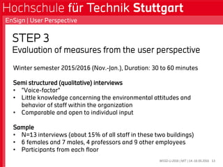 STEP 3
Evaluation of measures from the user perspective
WSSD-U-2016 | MIT | 14.-16.09.2016
EnSign | User Perspective
13
Winter semester 2015/2016 (Nov.-Jan.), Duration: 30 to 60 minutes
Semi structured (qualitative) interviews
• “Voice-factor”
• Little knowledge concerning the environmental attitudes and
behavior of staff within the organization
• Comparable and open to individual input
Sample
• N=13 interviews (about 15% of all staff in these two buildings)
• 6 females and 7 males, 4 professors and 9 other employees
• Participants from each floor
 