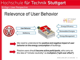 Relevance of User Behavior
WSSD-U-2016 | MIT | 14.-16.09.2016
EnSign | User Perspective
8
Energy Efficiency
Passive users should become active participants, who carry on
the idea of "climate neutrality” as multipliers (“spill-over effect”).
Renewables Energies
Energy Management
Wellbeing
User Behavior
We need to understand the positive and negative impact of user
behavior on the energy consumption of buildings.
 
