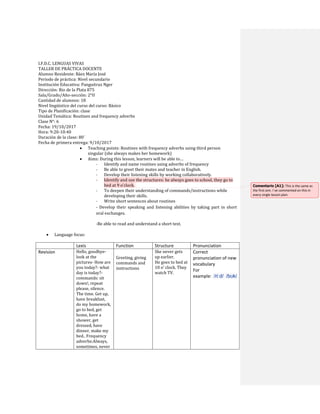 I.F.D.C. LENGUAS VIVAS
TALLER DE PRÁCTICA DOCENTE
Alumno Residente: Báez María José
Periodo de práctica: Nivel secundario
Institución Educativa: Panguitruz Nger
Dirección: Rio de la Plata 875
Sala/Grado/Año-sección: 2°II
Cantidad de alumnos: 18
Nivel lingüístico del curso del curso: Básico
Tipo de Planificación: clase
Unidad Temática: Routines and frequency adverbs
Clase N°: 6
Fecha: 19/10/2017
Hora: 9:20-10:40
Duración de la clase: 80´
Fecha de primera entrega: 9/10/2017
 Teaching points: Routines with frequency adverbs using third person
singular (she always makes her homework)
 Aims: During this lesson, learners will be able to…
- Identify and name routines using adverbs of frequency
- Be able to greet their mates and teacher in English.
- Develop their listening skills by working collaboratively.
- Identify and use the structures: he always goes to school, they go to
bed at 9 o’clock.
- To deepen their understanding of commands/instructions while
developing their skills.
- Write short sentences about routines
- Develop their speaking and listening abilities by taking part in short
oral exchanges.
-Be able to read and understand a short text.
 Language focus:
Lexis Function Structure Pronunciation
Revision Hello, goodbye-
look at the
pictures- How are
you today?- what
day is today?-
commands: sit
down!, repeat
please, silence.
The time. Get up,
have breakfast,
do my homework,
go to bed, get
home, have a
shower, get
dressed, have
dinner, make my
bed.. Frequency
adverbs:Always,
sometimes, never
Greeting, giving
commands and
instructions
She never gets
up earlier.
He goes to bed at
10 o’ clock. They
watch TV.
Correct
pronunciation of new
vocabulary
For
example: /riːd/ /bʊk/
Comentario [A1]: This is the same as
the first aim. I`ve commented on this in
every single lesson plan.
 