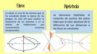 Elipse
La elipse es una de las cónicas que se
ha estudiado desde la época de los
griegos, ha sido útil para explicar la
trayectoria de los planetas y en el
diseño de habitaciones con
características acústicas
excepcionales.
Hipérbola
se denomina hipérbola al
conjunto de puntos del plano
tales que el valor absoluto de la
diferencia de sus distancias a
los focos es constante.
 