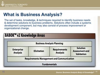 What is Business Analysis?
 The set of tasks, knowledge, & techniques required to identify business needs
 & determine solutions to business problems. Solutions often include a systems
 development component, but may also consist of process improvement or
 organizational change.




16                                            Source: Business Analysis Body of Knowledge® 16
 