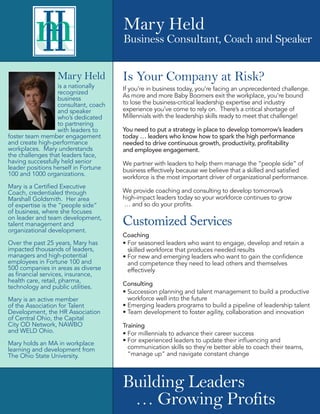 Is Your Company at Risk?
If you’re in business today, you’re facing an unprecedented challenge.
As more and more Baby Boomers exit the workplace, you’re bound
to lose the business-critical leadership expertise and industry
experience you’ve come to rely on. There’s a critical shortage of
Millennials with the leadership skills ready to meet that challenge!
You need to put a strategy in place to develop tomorrow’s leaders
today … leaders who know how to spark the high performance
needed to drive continuous growth, productivity, profitability
and employee engagement.
We partner with leaders to help them manage the “people side” of
business effectively because we believe that a skilled and satisfied
workforce is the most important driver of organizational performance.
We provide coaching and consulting to develop tomorrow’s
high-impact leaders today so your workforce continues to grow
… and so do your profits.
Customized Services
Coaching
•	For seasoned leaders who want to engage, develop and retain a
skilled workforce that produces needed results
•	For new and emerging leaders who want to gain the confidence
and competence they need to lead others and themselves
effectively
Consulting
•	Succession planning and talent management to build a productive
workforce well into the future
•	Emerging leaders programs to build a pipeline of leadership talent
•	Team development to foster agility, collaboration and innovation
Training
•	For millennials to advance their career success
•	For experienced leaders to update their influencing and
communication skills so they’re better able to coach their teams,
“manage up” and navigate constant change
Mary Held
Business Consultant, Coach and Speaker
Mary Held
is a nationally
recognized
business
consultant, coach
and speaker
who’s dedicated
to partnering
with leaders to
foster team member engagement
and create high-performance
workplaces. Mary understands
the challenges that leaders face,
having successfully held senior
leader positions herself in Fortune
100 and 1000 organizations.
Mary is a Certified Executive
Coach, credentialed through
Marshall Goldsmith. Her area
of expertise is the “people side”
of business, where she focuses
on leader and team development,
talent management and
organizational development.
Over the past 25 years, Mary has
impacted thousands of leaders,
managers and high-potential
employees in Fortune 100 and
500 companies in areas as diverse
as financial services, insurance,
health care, retail, pharma,
technology and public utilities.
Mary is an active member
of the Association for Talent
Development, the HR Association
of Central Ohio, the Capital
City OD Network, NAWBO
and WELD Ohio.
Mary holds an MA in workplace
learning and development from
The Ohio State University.
Building Leaders
… Growing Profits
 