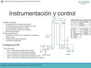 Instrumentación y control
17
Purificación de glicerina producida en la fabricación de biodiesel.
Variables controladas:
- Composición de la corriente de destilado
- Composición de la corriente de producto de colas
- Nivel del líquido del tanque de reflujo
- Nivel de líquido en la base de la columna
- Presión de la columna
Posibles perturbaciones:
- Caudal de la alimentación, composición y temperatura
- Vapor de agua
- Condiciones del agua refrigerante
- Condiciones ambientales
Configuración DV
Lazos de control:
- Lazo 1: Control de la presión de la columna
- Lazo 2: Control del nivel del tanque de reflujo
- Lazo 3: Control de la composición de destilado
- Lazo 4: Control de la composición de producto de colas
- Lazo 5: Control del nivel del líquido de la base de la columna
‘Selecting a Distillation Column Control Strategy’ de M.J. Willis (2000)
 